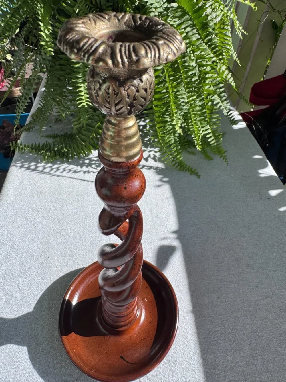 Vintage 15 Inch Wooden Open Barley Twist Candlestick Holder with Brass Sconce